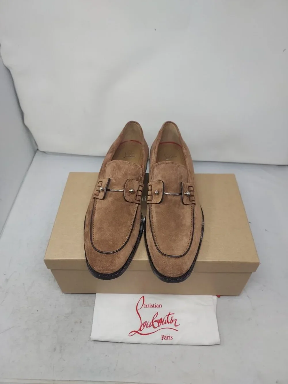 CHRISTIAN LOUBOUTIN MENS Chambelimoc Hardware Brown Suede Loafer